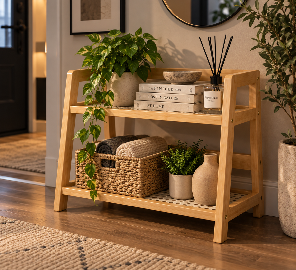 2-Tier Retro Bamboo Storage Shelf