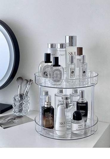 Rotating clear vanity organizer on a counter