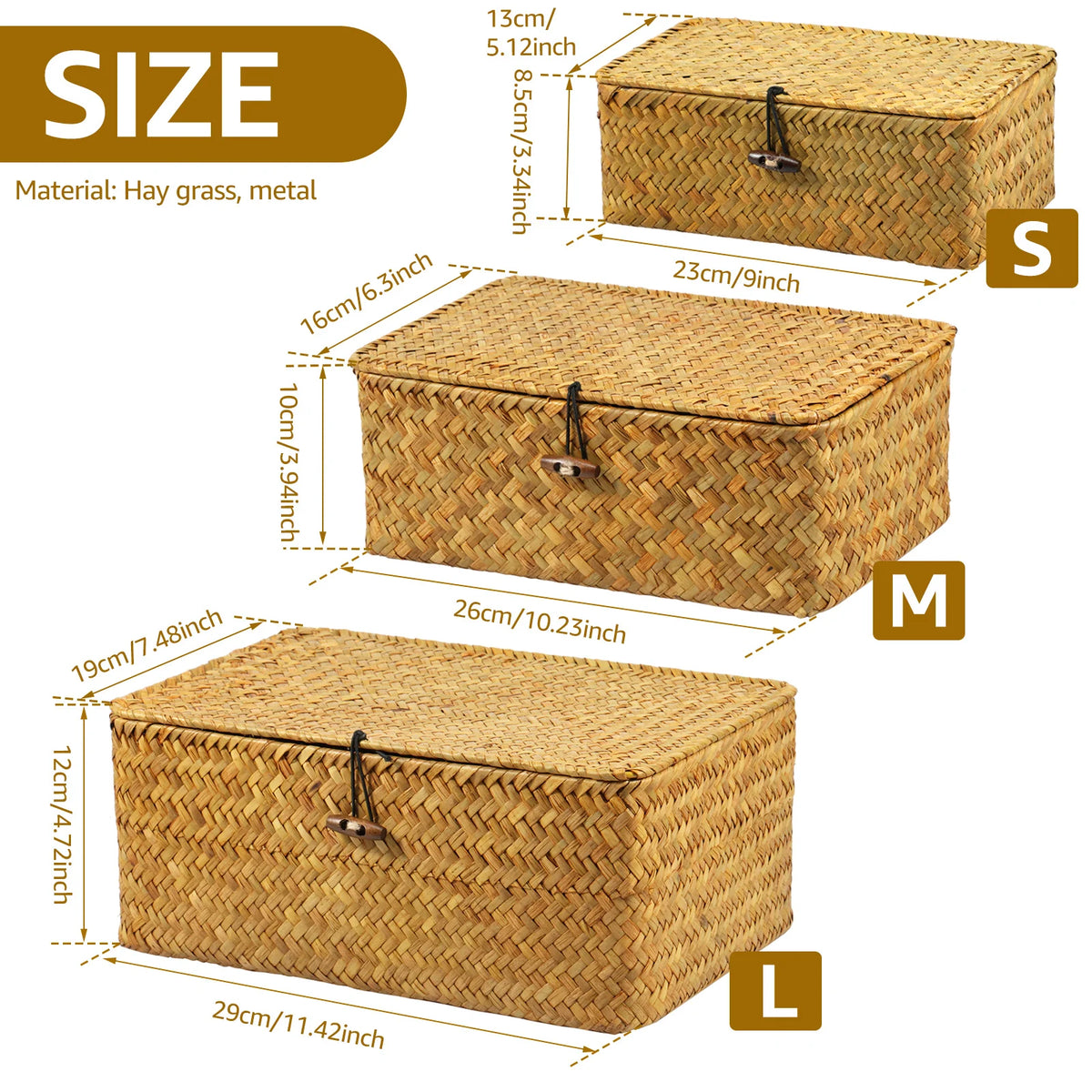 Seagrass Storage Baskets with Lids, Set of 3
