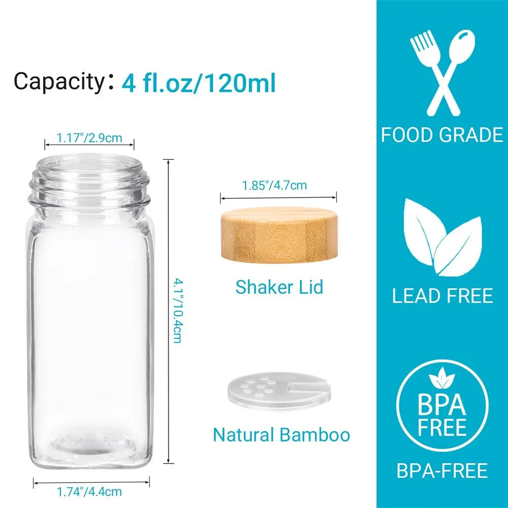 Glass Spice Jars with Bamboo Lids, Set of 12
