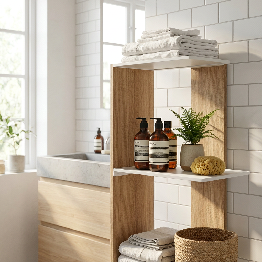 Bathroom shelf holding towels