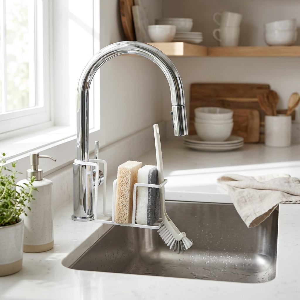 Sponge holder on kitchen faucet