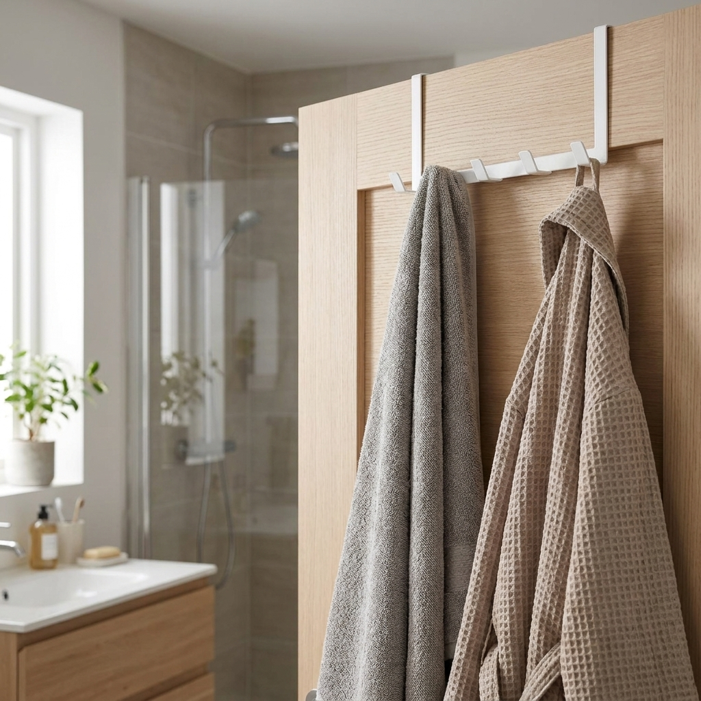 Over-door hooks holding towel