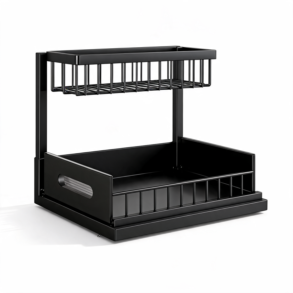 Black 2-tier pull-out organizer with wire top basket and sliding lower drawer on a white background