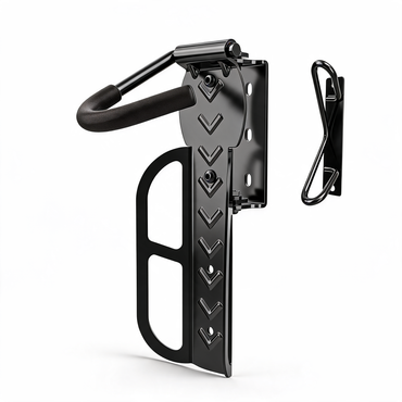 Black swivel bike wall mount with foam-covered hook and separate rear wheel stop on a white background