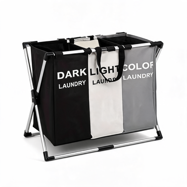 3-section foldable laundry sorter with black, off-white and grey bags on an aluminium X-frame, white background