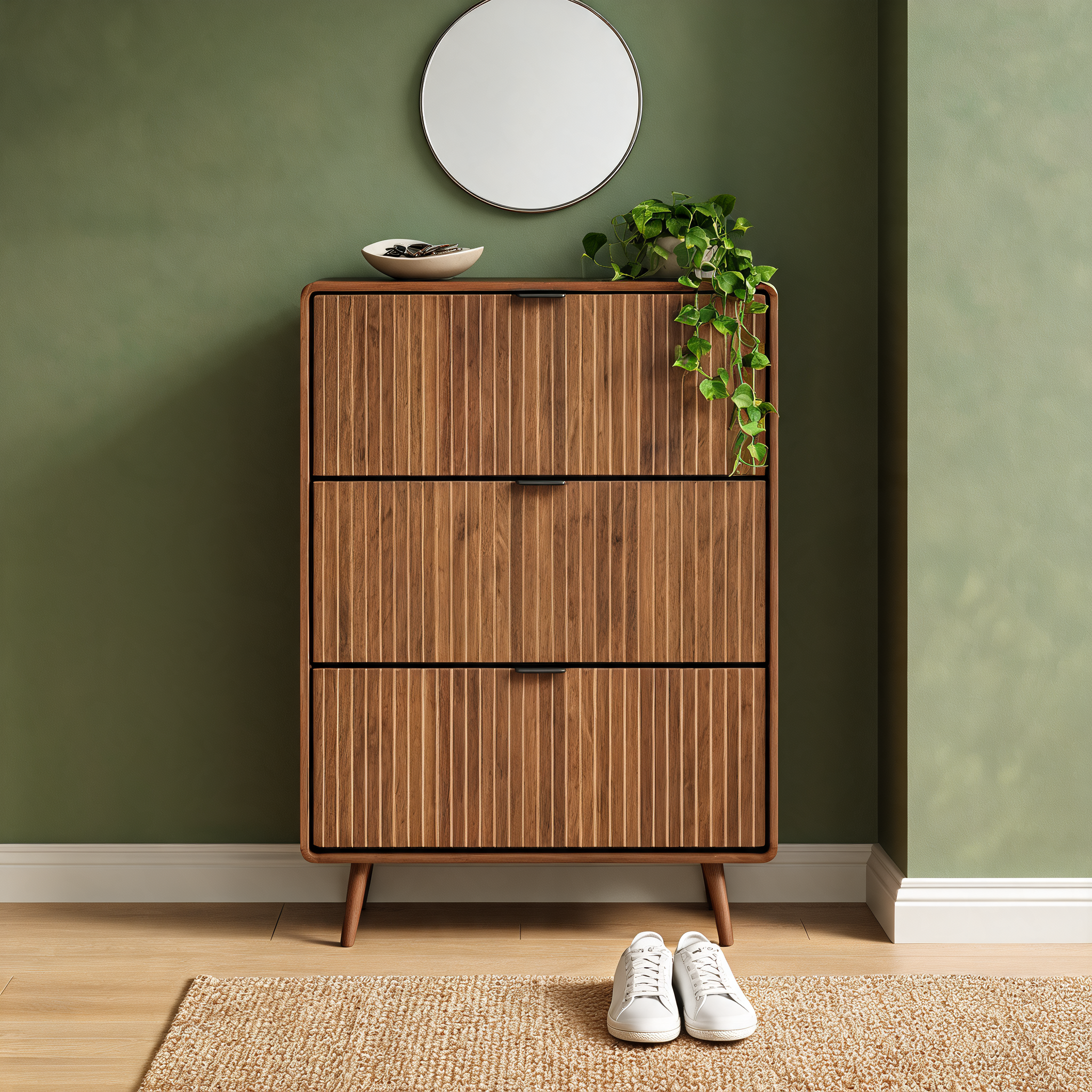 Walnut slim shoe cabinet against a sage green wall in a narrow entryway