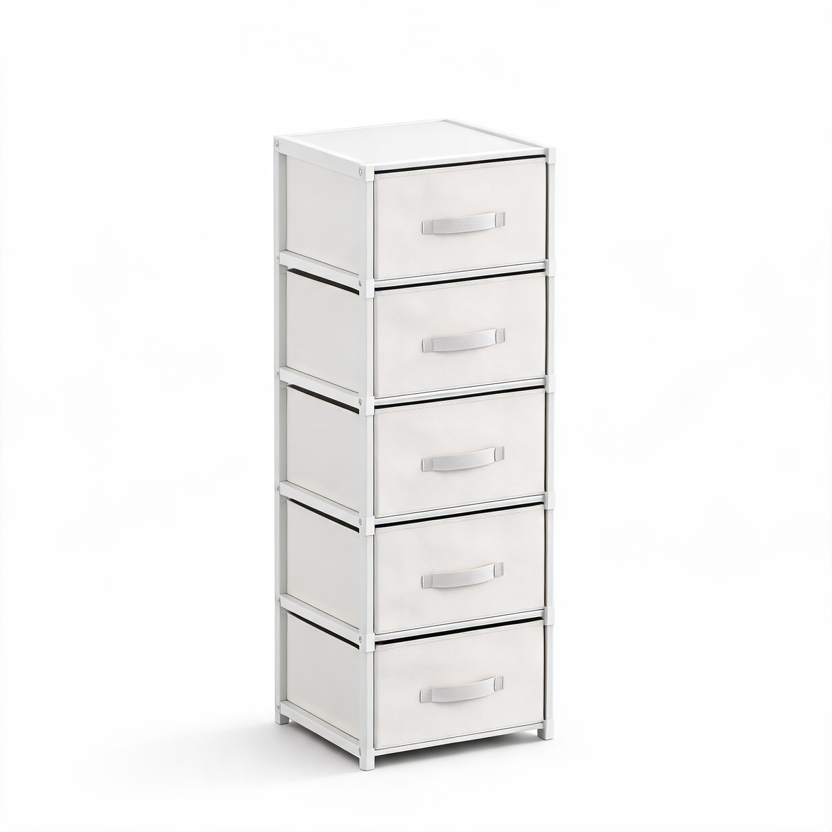 White 5-drawer fabric storage tower on a white background