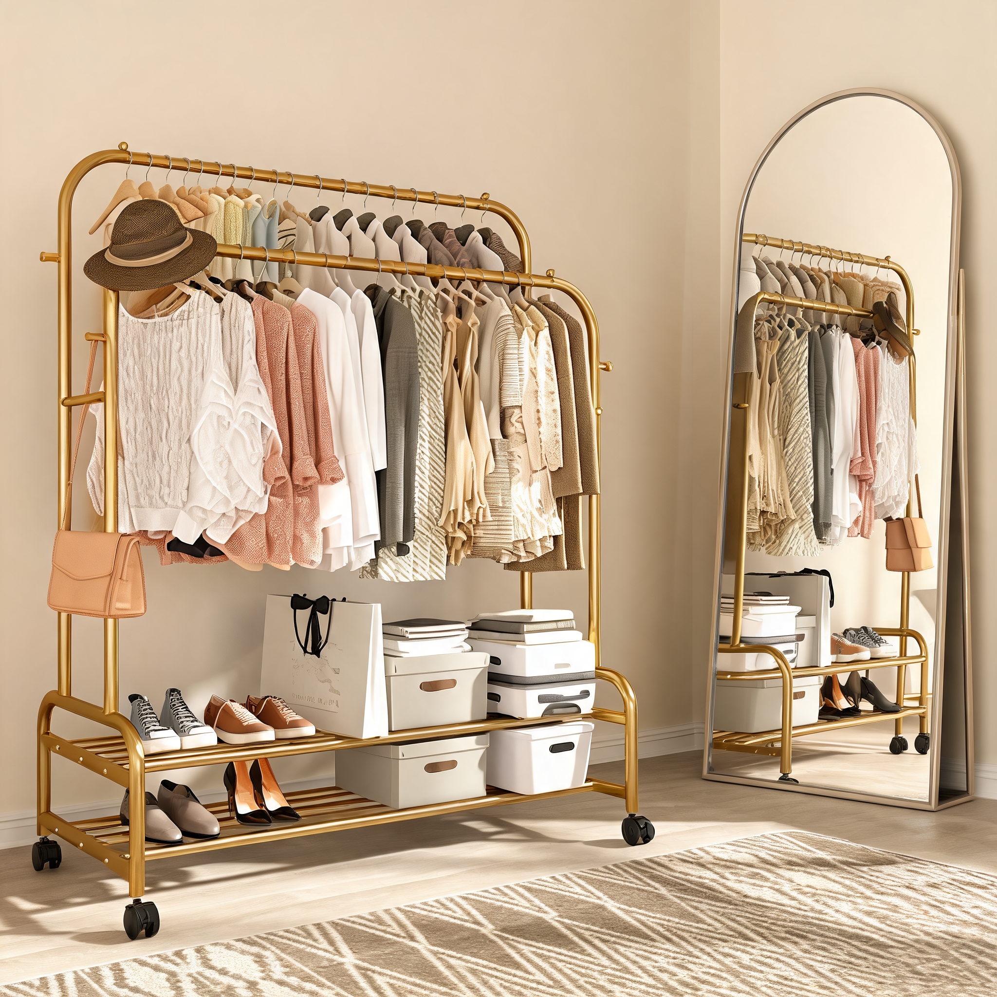 Gold garment rack with dresses, knitwear and shoes beside an arched mirror