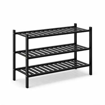 Black bamboo 3-tier slatted shoe rack on a white background