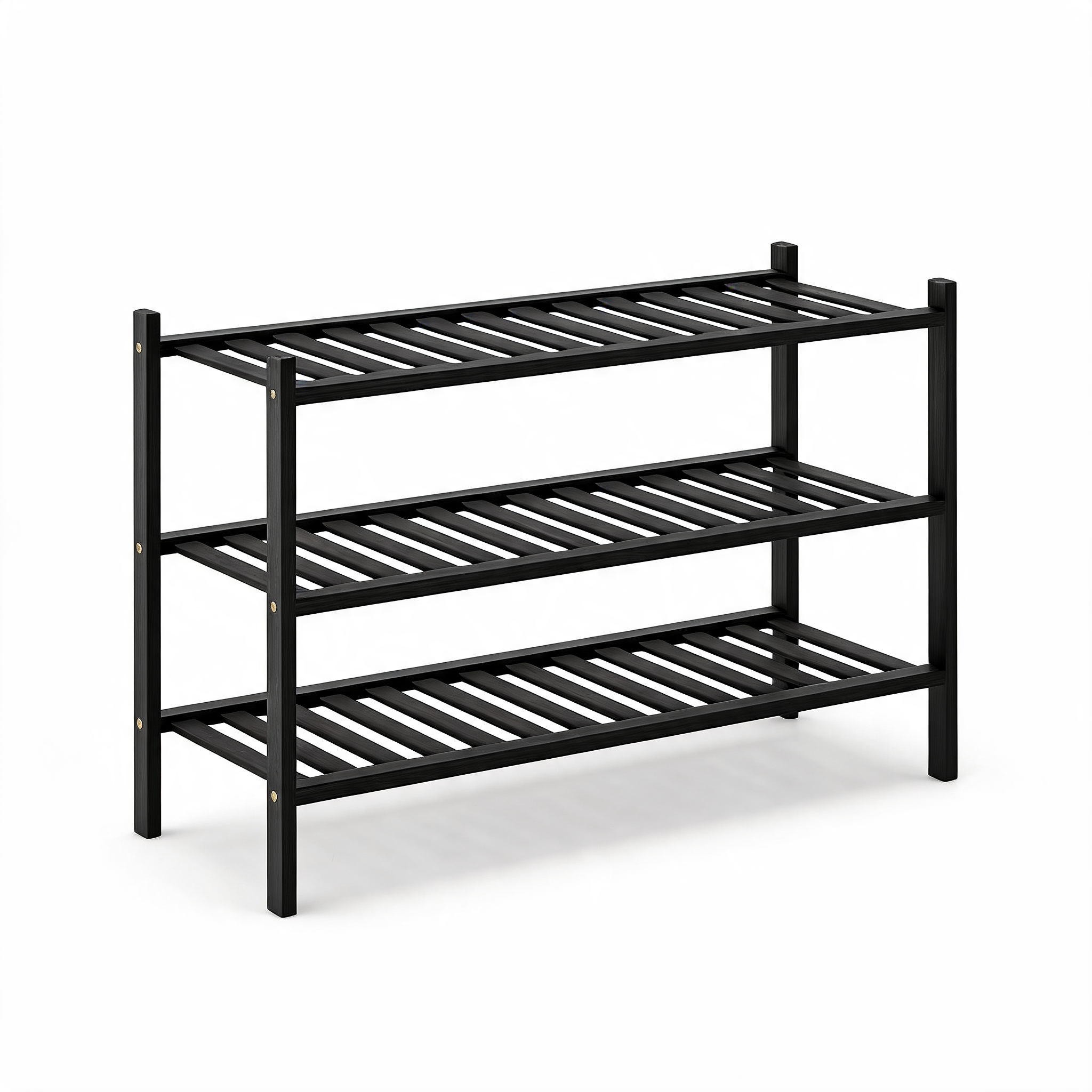 Black bamboo 3-tier slatted shoe rack on a white background