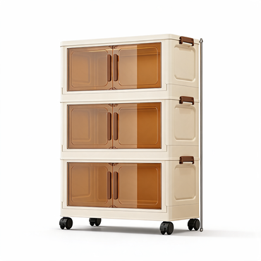 3-tier stackable storage cabinet with tawny translucent doors on a white background