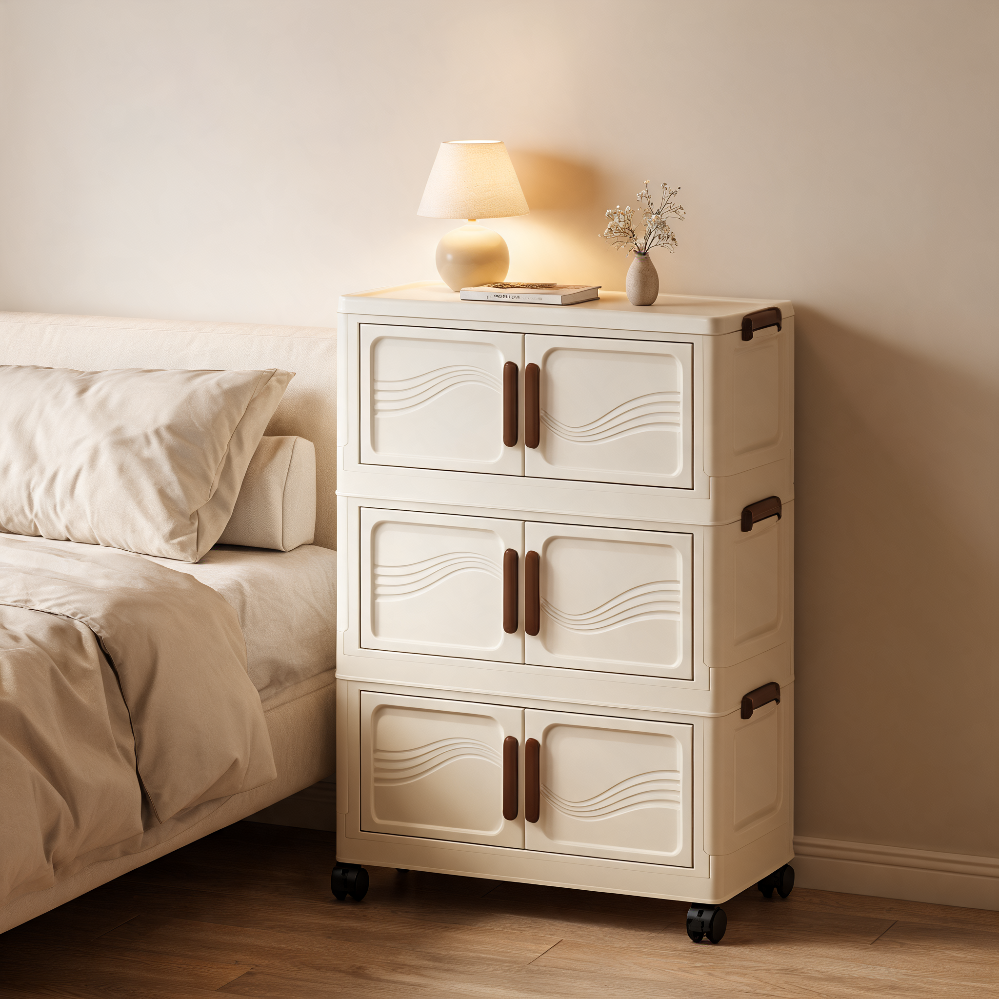 Cream-door 3-tier storage cabinet beside a bed with a lamp on top
