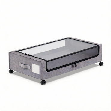 Gray underbed storage container with clear zip lid and wheels on white