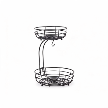Black 2-tier wire fruit basket with banana hook on white background