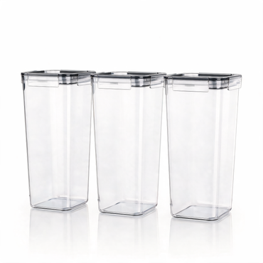Three clear airtight food storage containers on white background