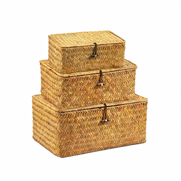 Set of three nesting seagrass baskets with lids on white background