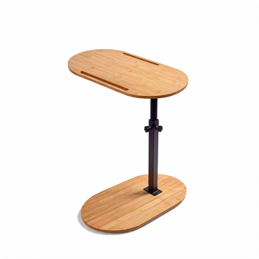 Height-adjustable side table with oval bamboo top on white background