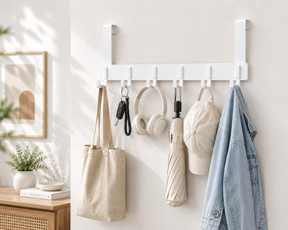 6-Hook Over-the-Door Hanger Rack | 11cm Clothes, Towel & Hat Organizer