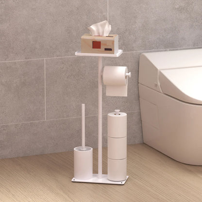 White toilet paper stand with shelf, reserve rolls and toilet brush