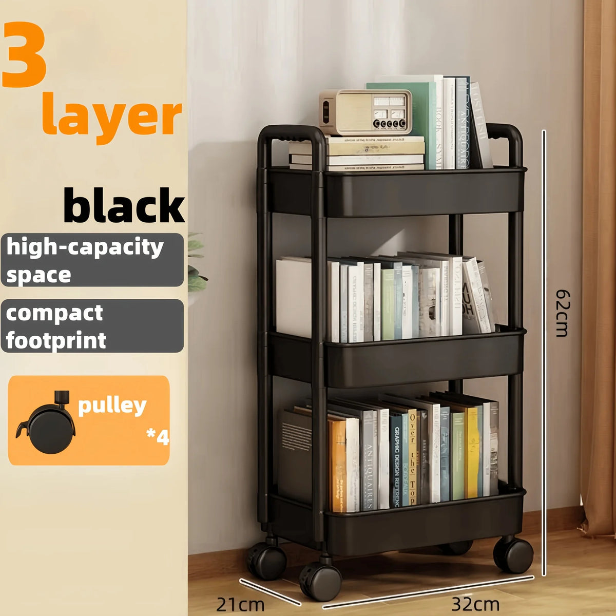 Black 3-tier rolling cart dimensions: 62 cm tall, 32 x 21 cm footprint