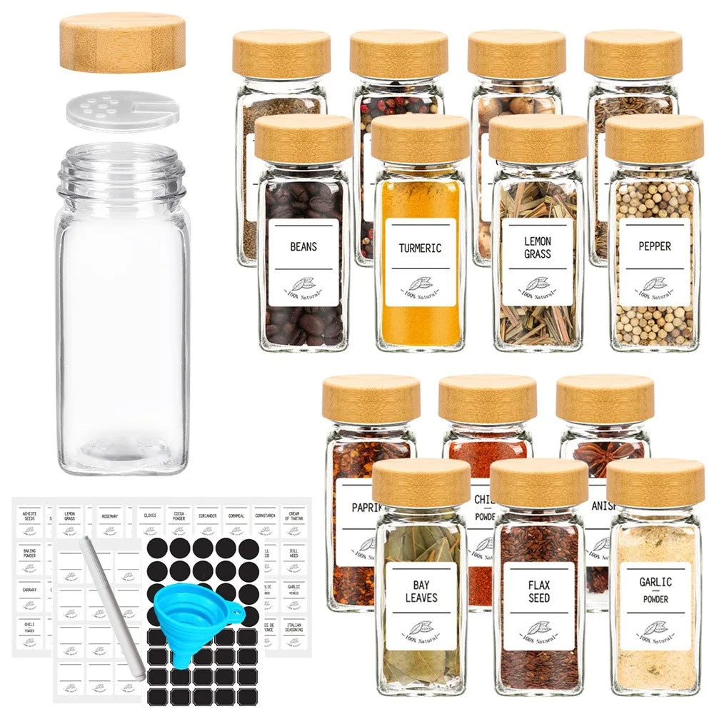 Glass Spice Jars with Bamboo Lids, Set of 12