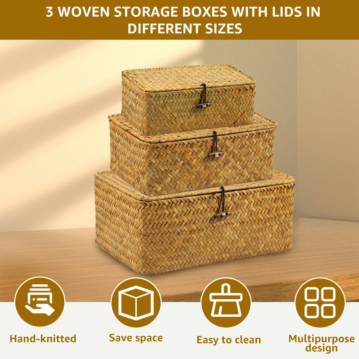 Seagrass Storage Baskets with Lids, Set of 3