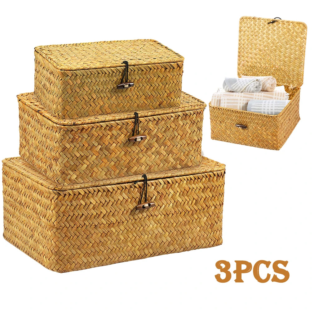Seagrass Storage Baskets with Lids, Set of 3