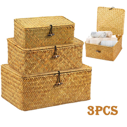 Seagrass Storage Baskets with Lids, Set of 3