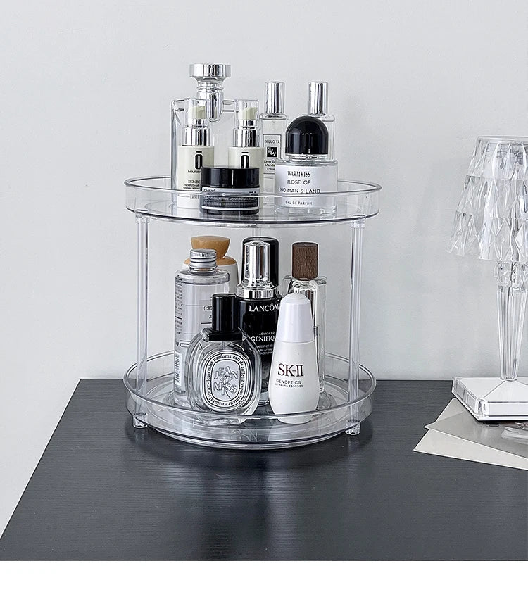 Clear 2-tier organizer on a dark dresser