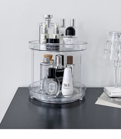 Clear 2-tier organizer on a dark dresser