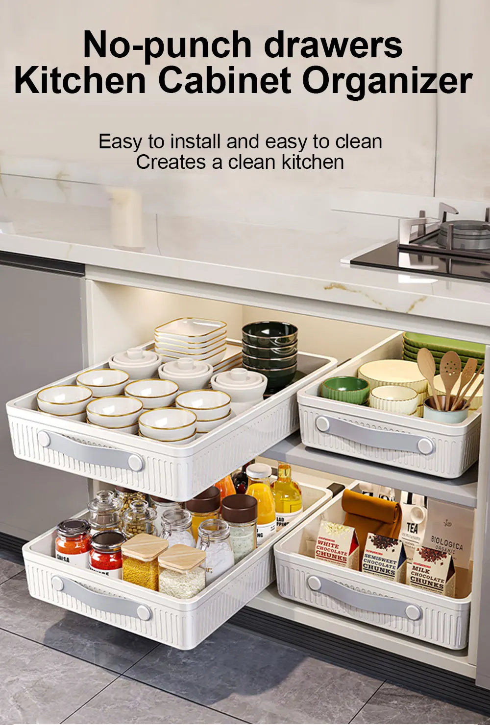 Pull-Out Cabinet Drawer Organizer with Slide Rails
