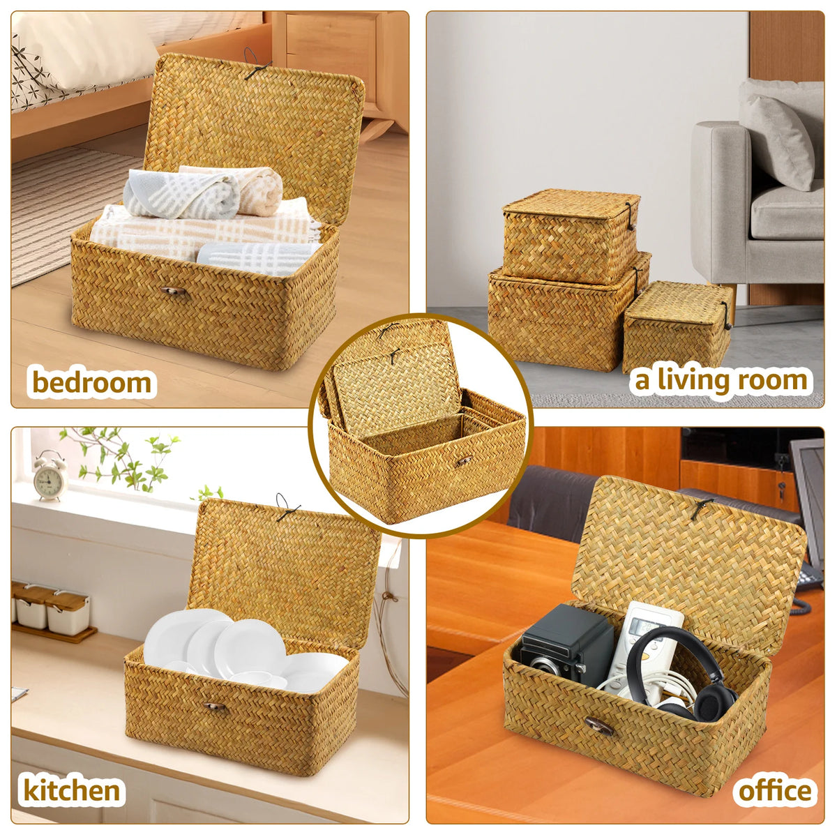 Seagrass Storage Baskets with Lids, Set of 3