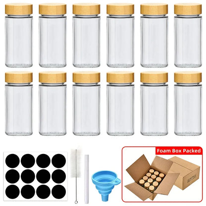 Glass Spice Jars with Bamboo Lids, Set of 12