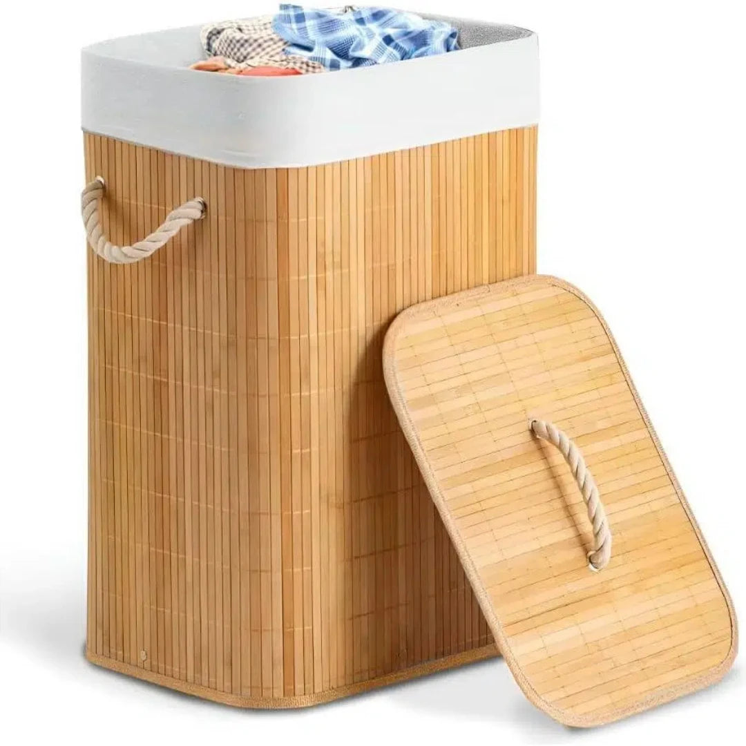 Bamboo laundry hamper with lid open