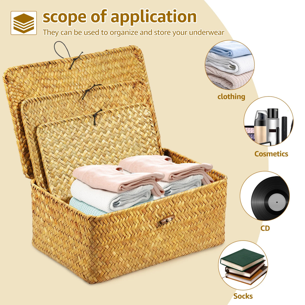Seagrass Storage Baskets with Lids, Set of 3