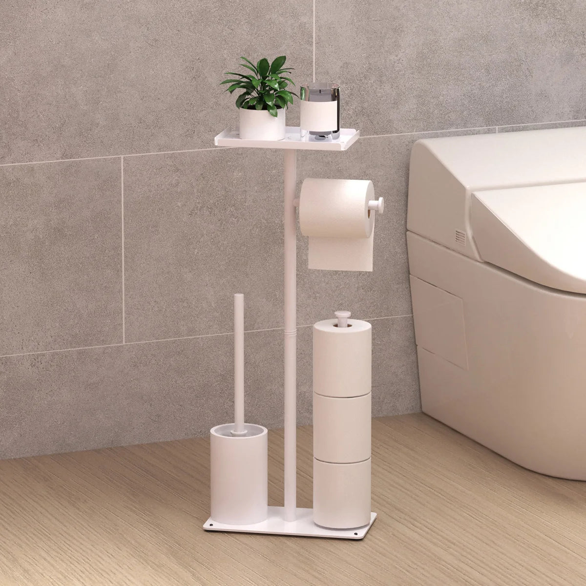 White toilet paper stand in a modern bathroom