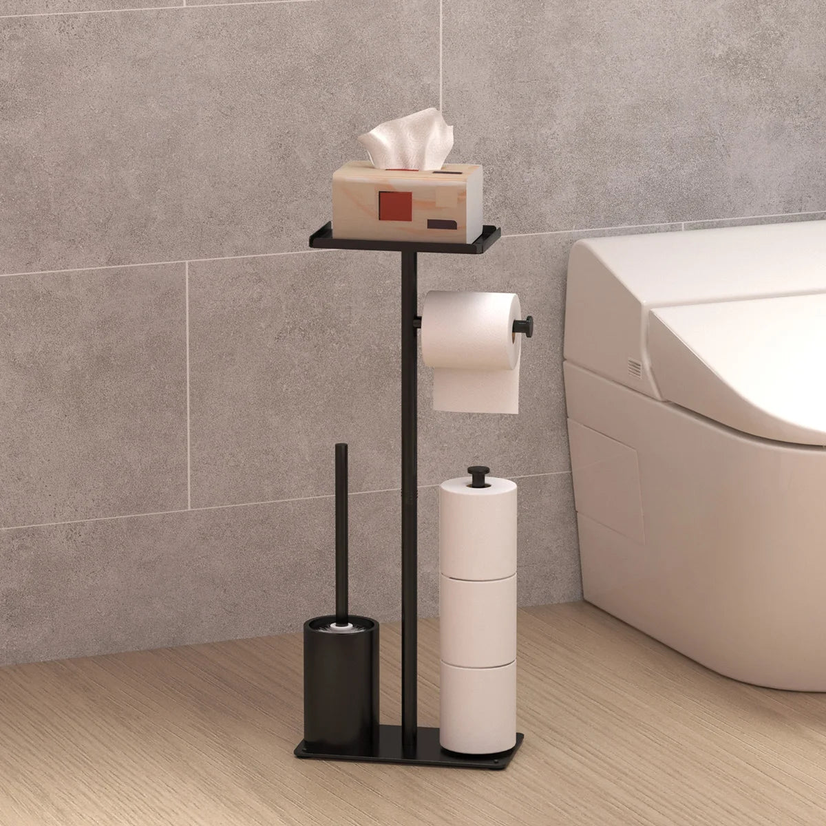 Black toilet paper stand with tissue box on the top shelf