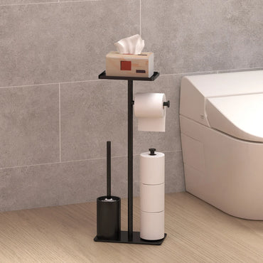 Black toilet paper stand with tissue box on the top shelf