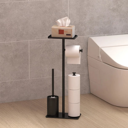 Black toilet paper stand with tissue box on the top shelf