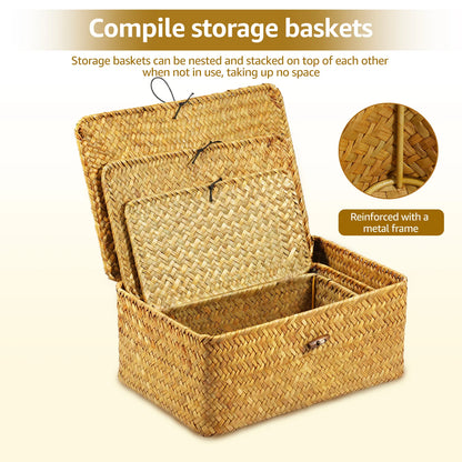 Seagrass Storage Baskets with Lids, Set of 3