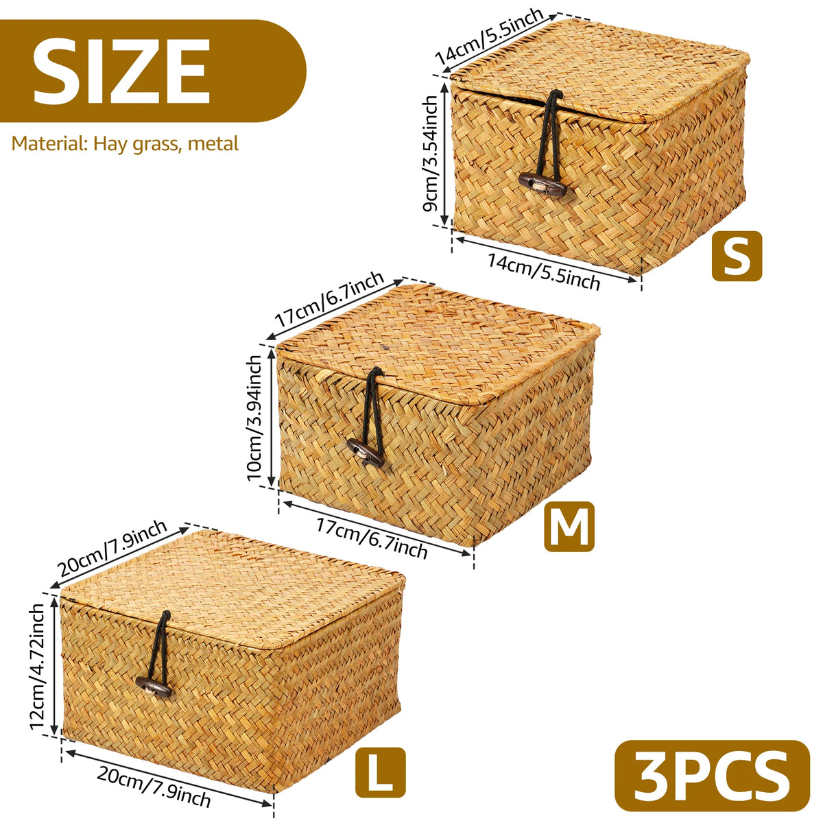 Seagrass Storage Baskets with Lids, Set of 3