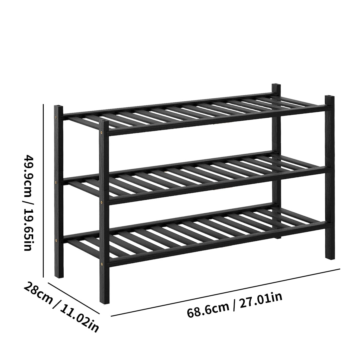 3-tier bamboo shoe rack dimensions: 68.6 x 28 x 49.9 cm