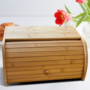 Bamboo bread box with the roll-top door closed