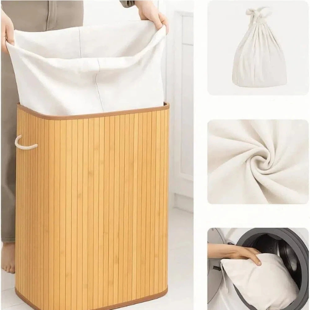 Removable liner lifted out of the bamboo hamper