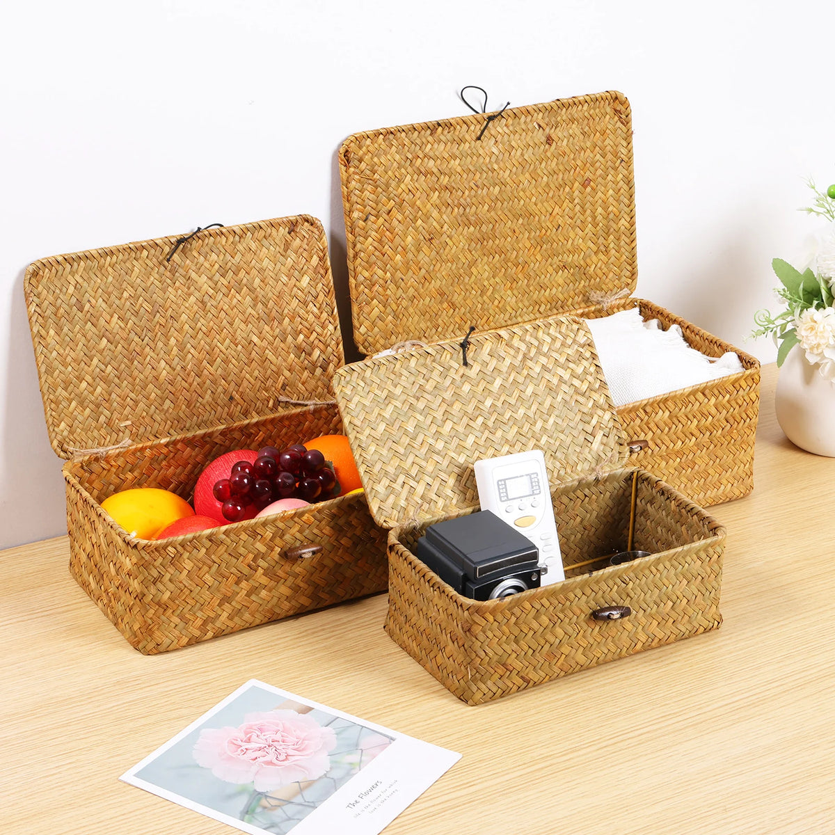 Seagrass Storage Baskets with Lids, Set of 3