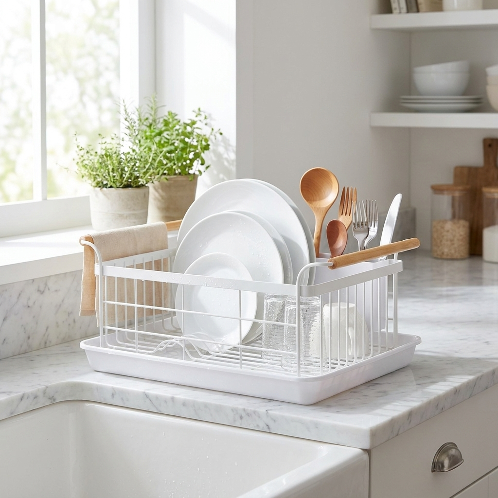 Dish rack beside kitchen sink