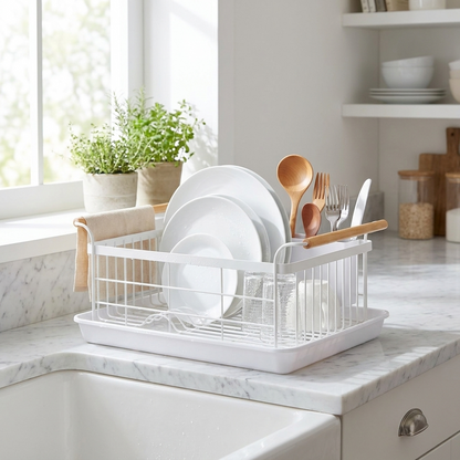Dish rack beside kitchen sink