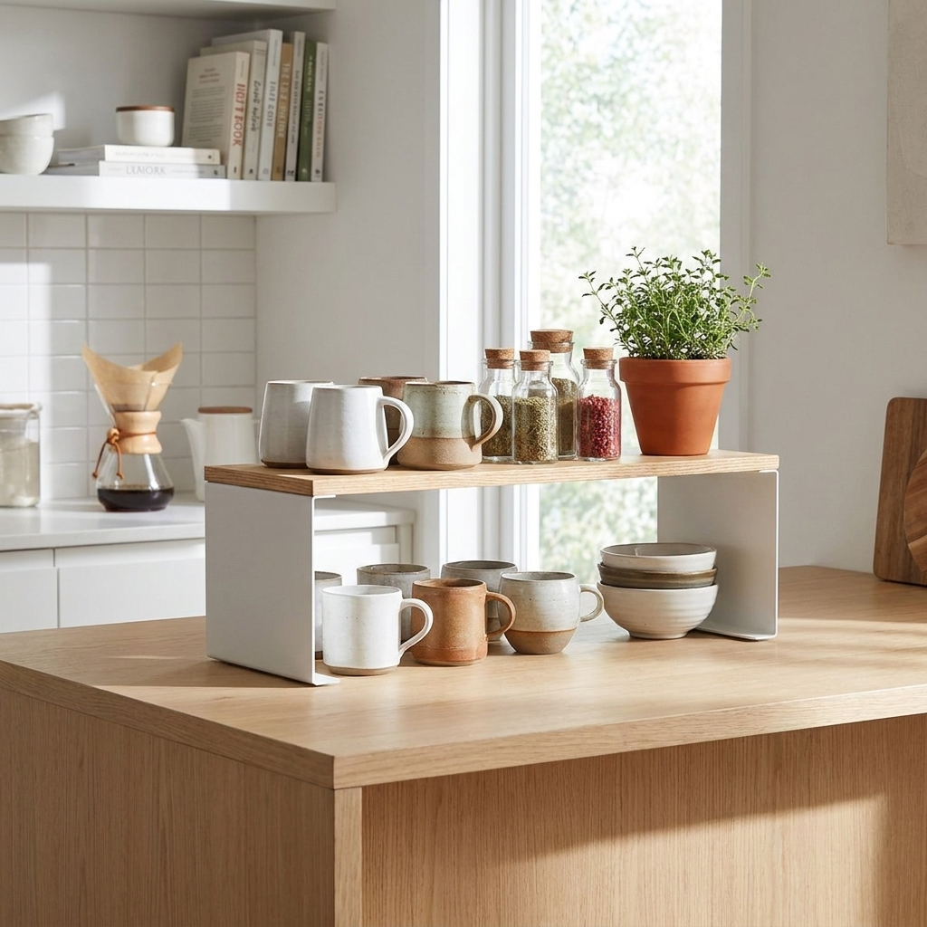 Countertop shelf in kitchen