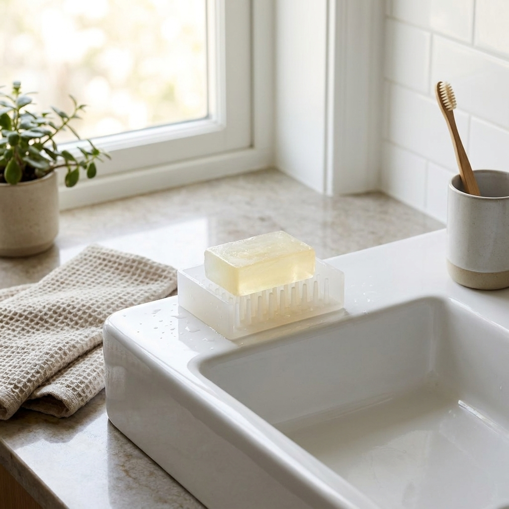 Soap dish on bathroom sink